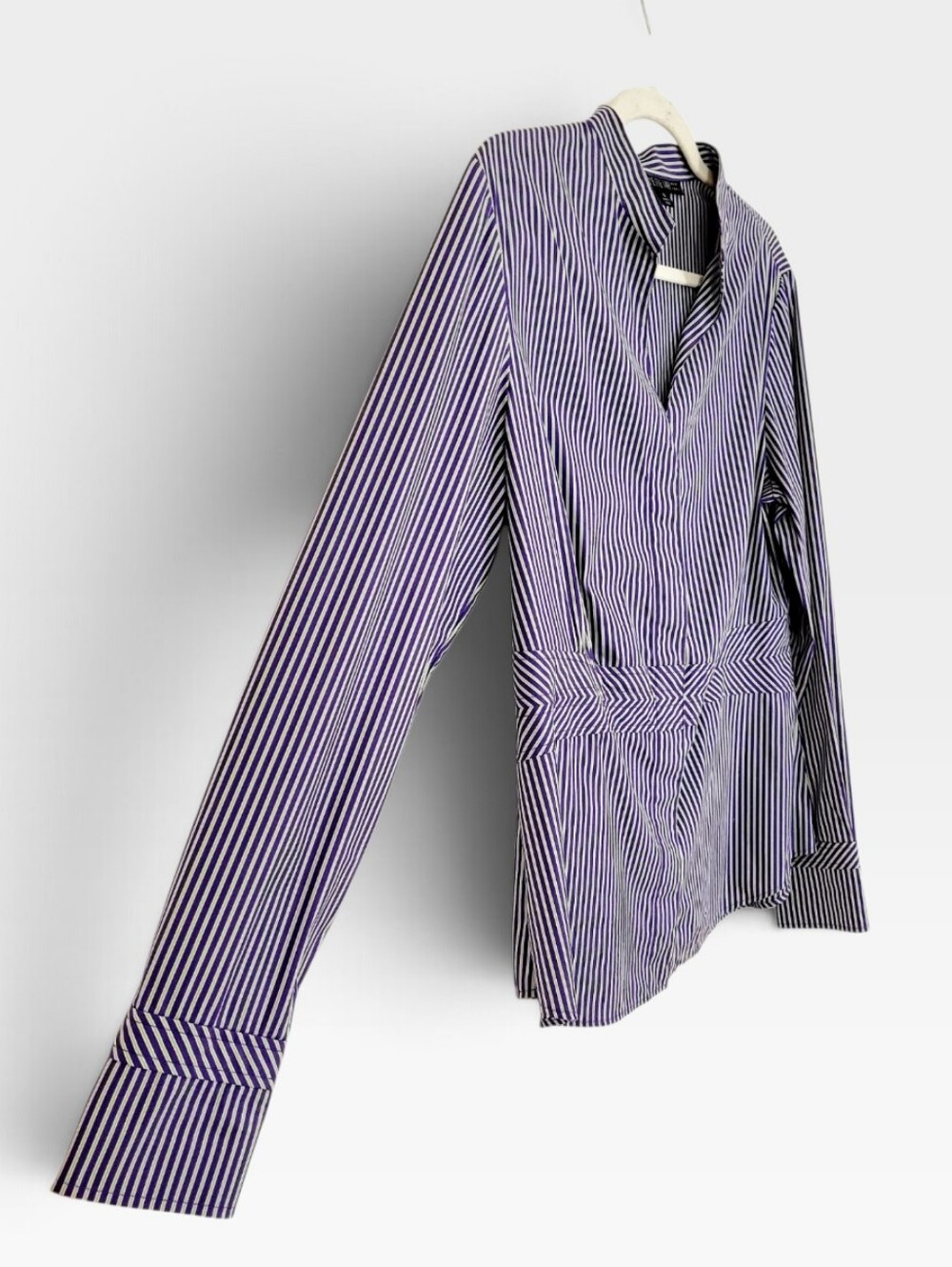 LAFAYETTE 148 New York Striped Tailored Peplum Waist Shirt Purple Green White 10 - Picture 3 of 9